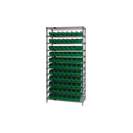 Global Industrial Chrome Wire Shelving with 77 4inH Plastic Shelf Bins Green, 36x14x74 268968GN